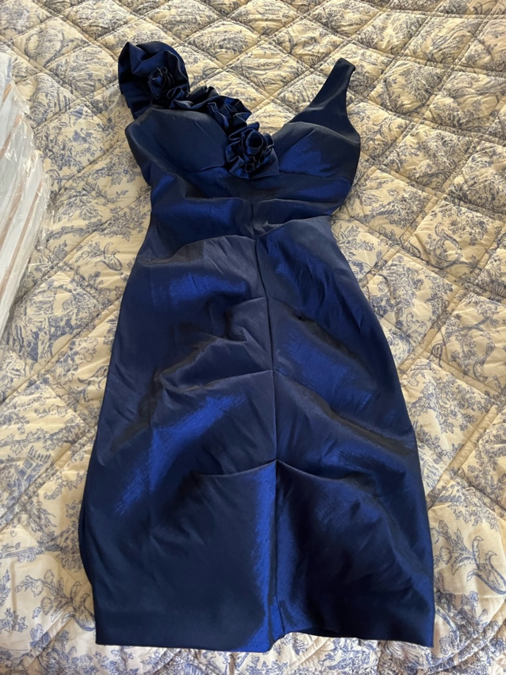 Xscape One-Shoulder Navy Cocktail Dress with Rosette Detail